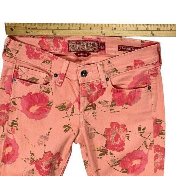 Lucky Brand Legend Skinny Jeans Womens 2/26 Peach Floral Stretch 5 Pockets Denim - Picture 8 of 13